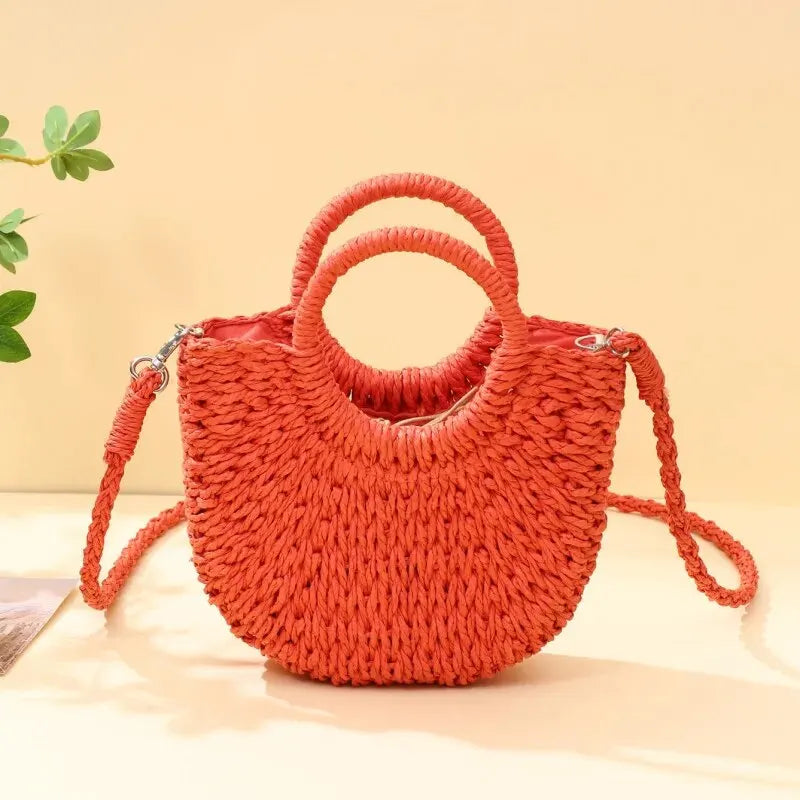 Handwoven Straw Rattan Half-Moon Beach Handbag Large Capacity Women Summer Hollow Out Crossbody Shoulder Bag