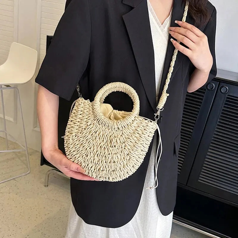 Handwoven Straw Rattan Half-Moon Beach Handbag Large Capacity Women Summer Hollow Out Crossbody Shoulder Bag