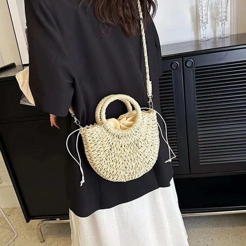 Handwoven Straw Rattan Half-Moon Beach Handbag Large Capacity Women Summer Hollow Out Crossbody Shoulder Bag