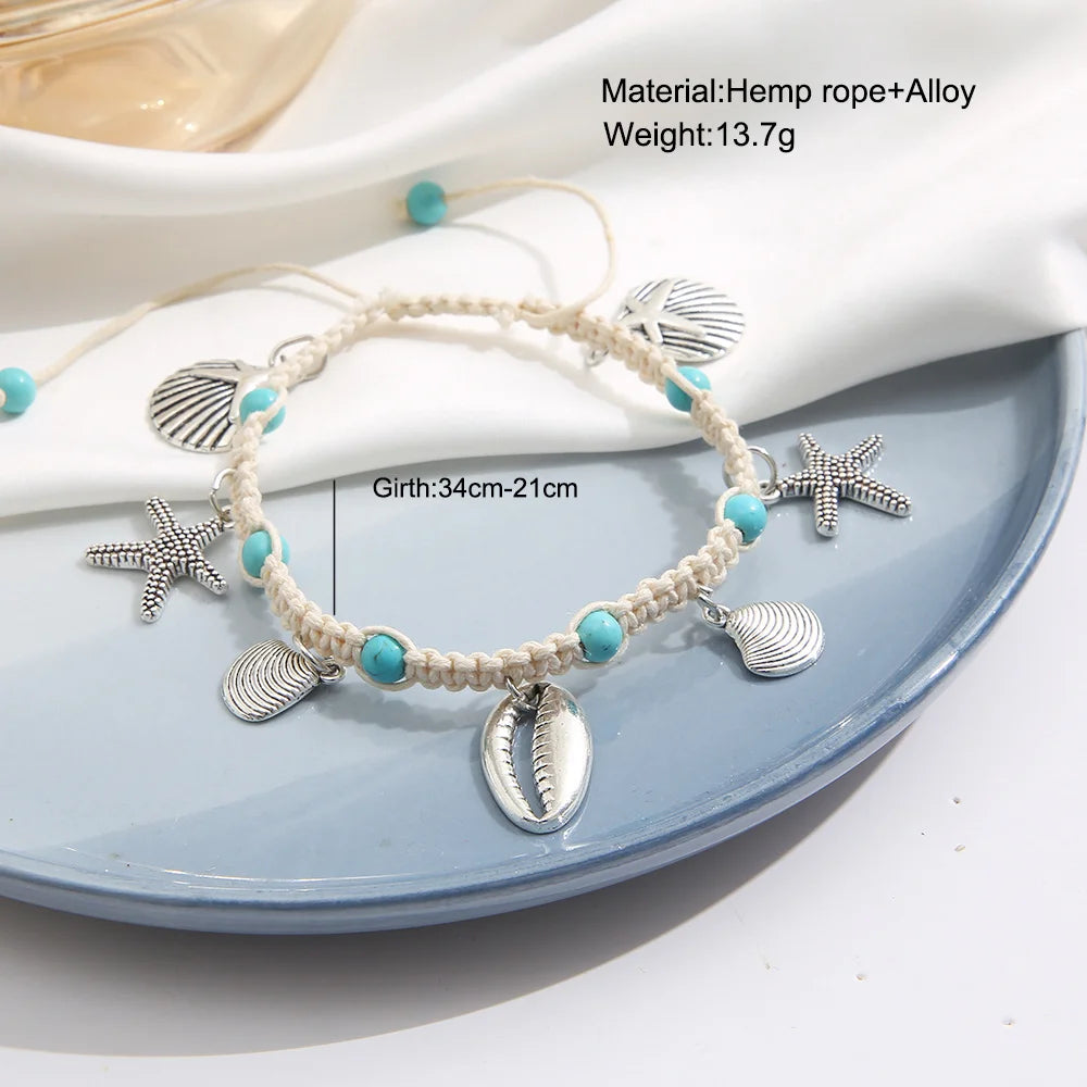 Bohemian Shell Starfish Summer Beach Anklets for Women Tortoise Ankle Bracelet on Leg Girls Barefoot Handcraft Chain Jewelry