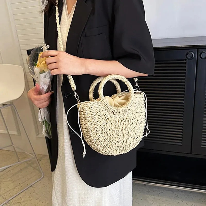 Handwoven Straw Rattan Half-Moon Beach Handbag Large Capacity Women Summer Hollow Out Crossbody Shoulder Bag