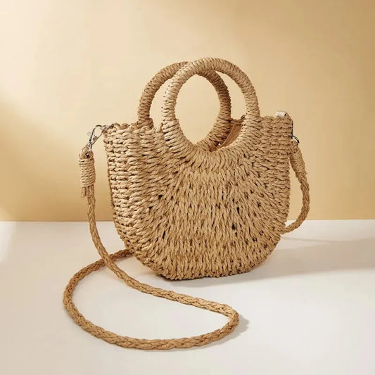 Handwoven Straw Rattan Half-Moon Beach Handbag Large Capacity Women Summer Hollow Out Crossbody Shoulder Bag