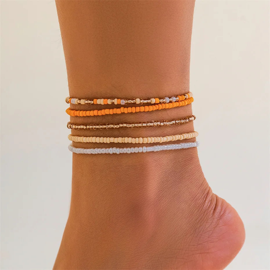 Ingemark Boho Colorful Seed Beads Anklet Set for Women Summer Beach Simple Elastic Chain Bracelet Barefoot Ankle on Leg Jewelry