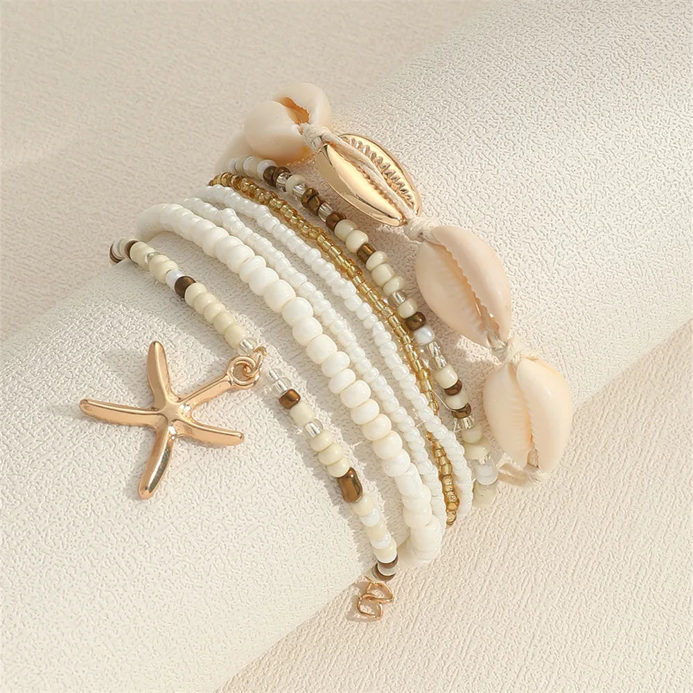 Bohemian Rice Beads Starfish Pendant Bracelet Set Fashion Summer Beach Sea Shell Multilayer Bracelets Jewelry Accessories