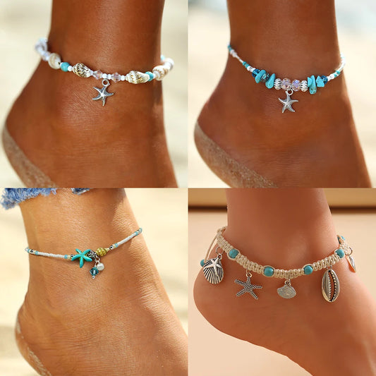 Bohemian Shell Starfish Summer Beach Anklets for Women Tortoise Ankle Bracelet on Leg Girls Barefoot Handcraft Chain Jewelry