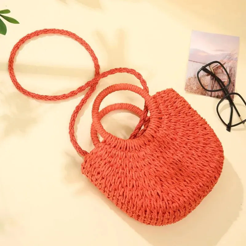 Handwoven Straw Rattan Half-Moon Beach Handbag Large Capacity Women Summer Hollow Out Crossbody Shoulder Bag