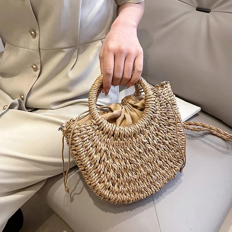 Handwoven Straw Rattan Half-Moon Beach Handbag Large Capacity Women Summer Hollow Out Crossbody Shoulder Bag