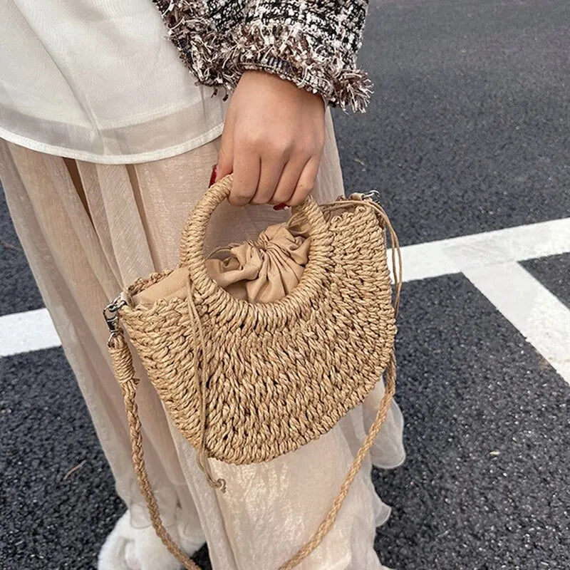 Handwoven Straw Rattan Half-Moon Beach Handbag Large Capacity Women Summer Hollow Out Crossbody Shoulder Bag