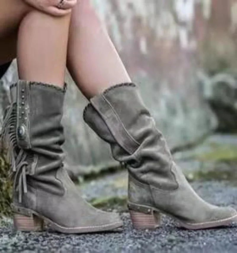 Bohemian Mid-calf Boots Women New 2024 Winter Ethnic Rivet Tassel Boots Woman Faux Suede Pointed Thick Heel Shoe Booties Female