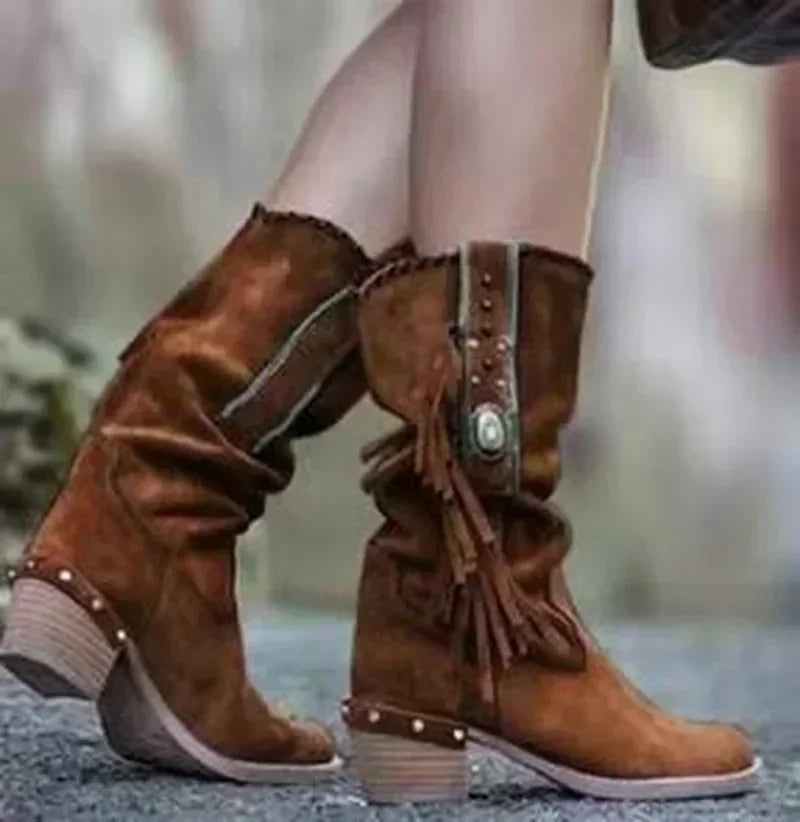 Bohemian Mid-calf Boots Women New 2024 Winter Ethnic Rivet Tassel Boots Woman Faux Suede Pointed Thick Heel Shoe Booties Female