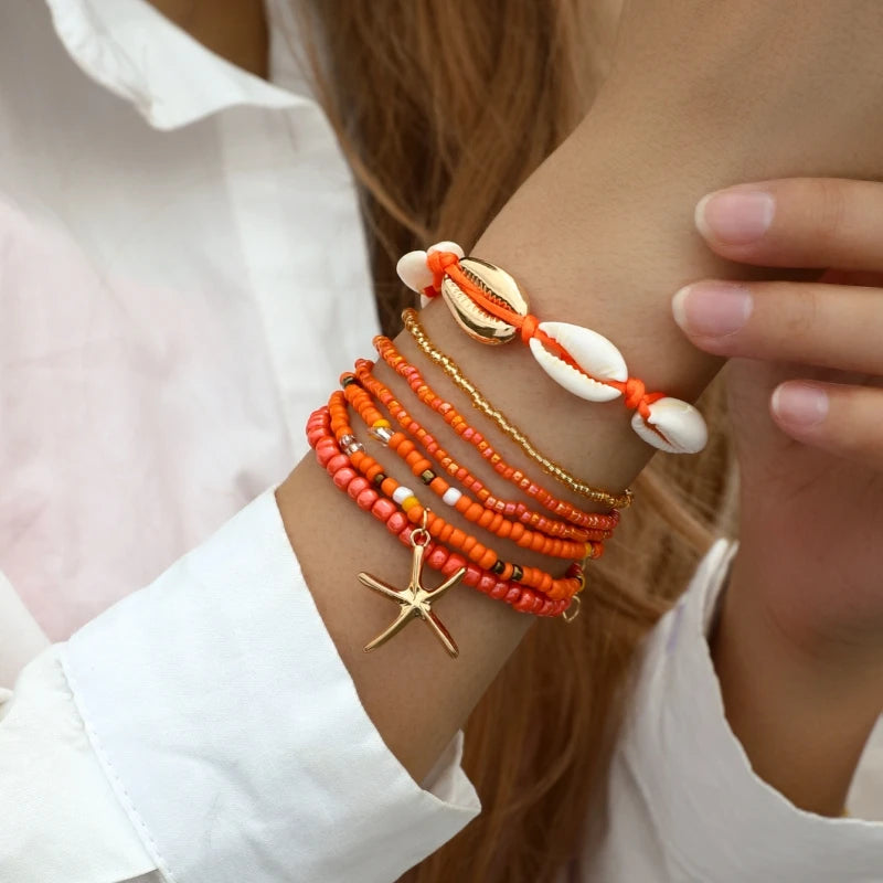 Bohemian Rice Beads Starfish Pendant Bracelet Set Fashion Summer Beach Sea Shell Multilayer Bracelets Jewelry Accessories