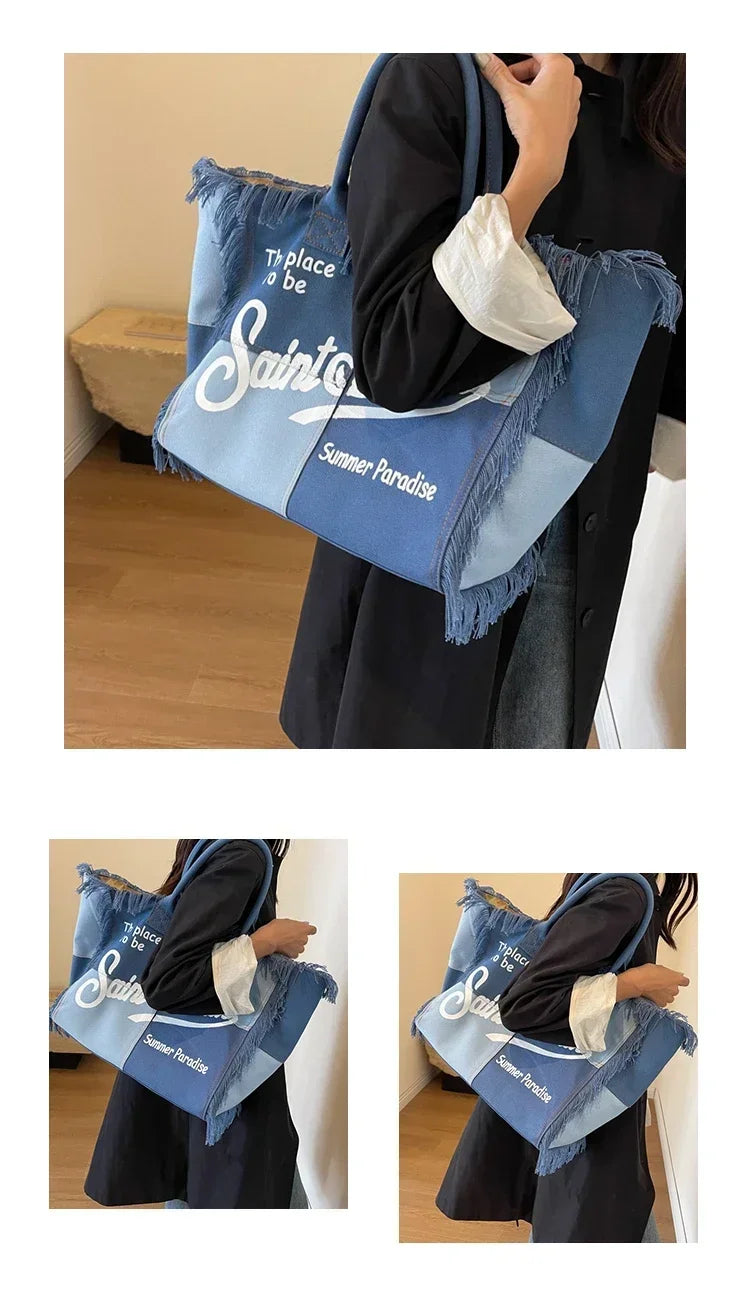 2024 Hot selling Canvas Solid Color Women's Bag Large Capacity Fashion Shoulder Bag Letter Tassel Spliced High Quality Handbag