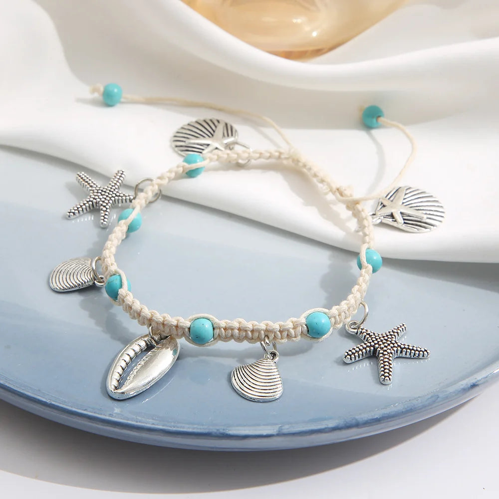 Bohemian Shell Starfish Summer Beach Anklets for Women Tortoise Ankle Bracelet on Leg Girls Barefoot Handcraft Chain Jewelry