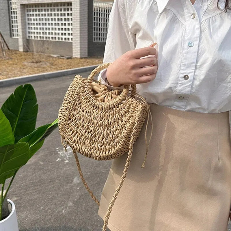 Handwoven Straw Rattan Half-Moon Beach Handbag Large Capacity Women Summer Hollow Out Crossbody Shoulder Bag