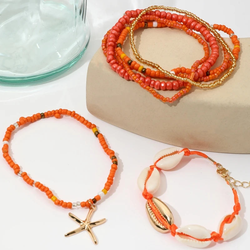 Bohemian Rice Beads Starfish Pendant Bracelet Set Fashion Summer Beach Sea Shell Multilayer Bracelets Jewelry Accessories