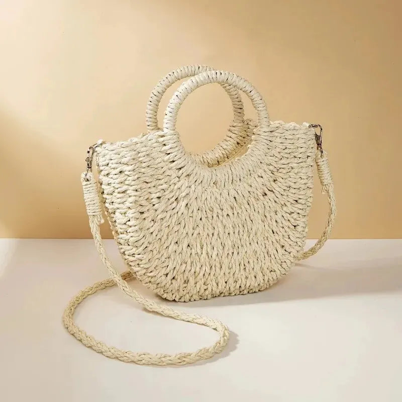 Handwoven Straw Rattan Half-Moon Beach Handbag Large Capacity Women Summer Hollow Out Crossbody Shoulder Bag