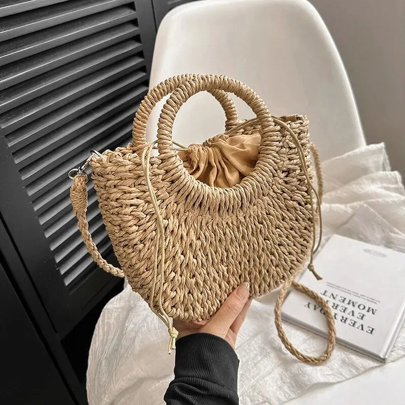 Handwoven Straw Rattan Half-Moon Beach Handbag Large Capacity Women Summer Hollow Out Crossbody Shoulder Bag