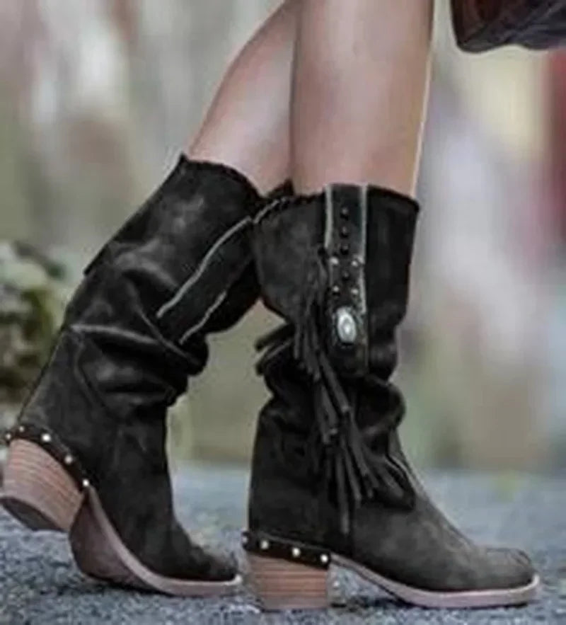 Bohemian Mid-calf Boots Women New 2024 Winter Ethnic Rivet Tassel Boots Woman Faux Suede Pointed Thick Heel Shoe Booties Female