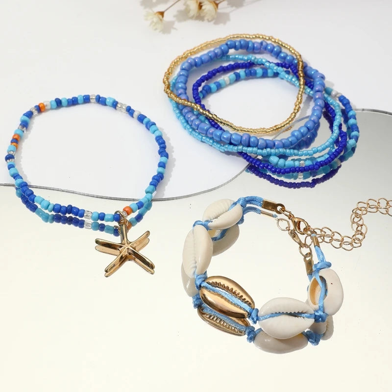 Bohemian Rice Beads Starfish Pendant Bracelet Set Fashion Summer Beach Sea Shell Multilayer Bracelets Jewelry Accessories