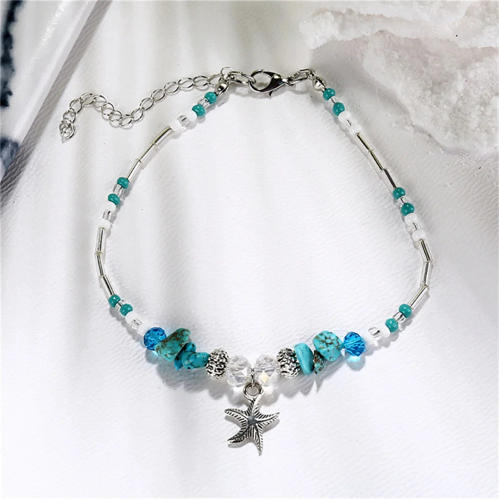 Bohemian Shell Starfish Summer Beach Anklets for Women Tortoise Ankle Bracelet on Leg Girls Barefoot Handcraft Chain Jewelry