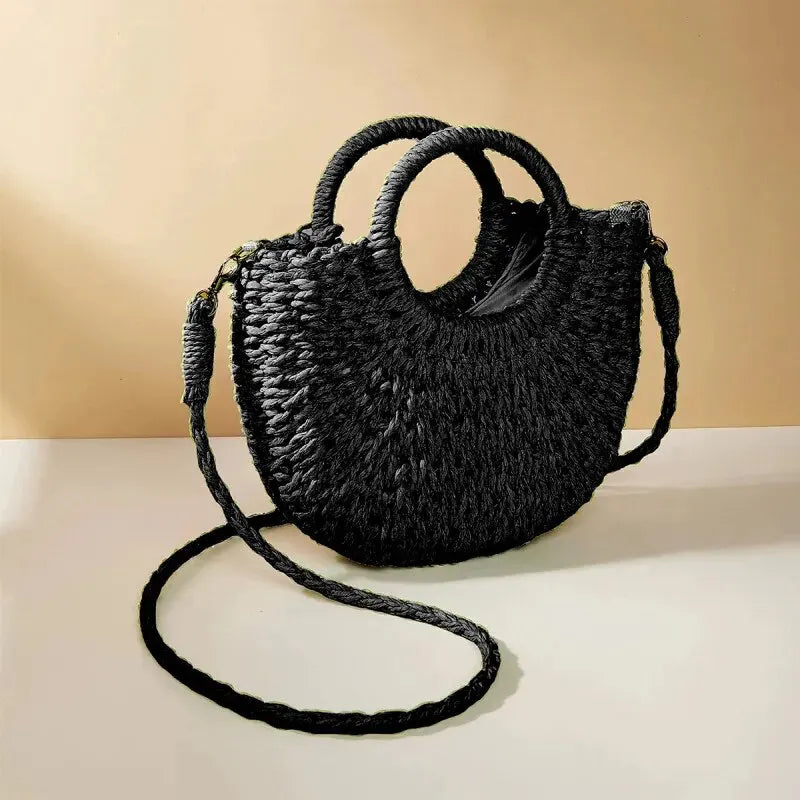 Handwoven Straw Rattan Half-Moon Beach Handbag Large Capacity Women Summer Hollow Out Crossbody Shoulder Bag