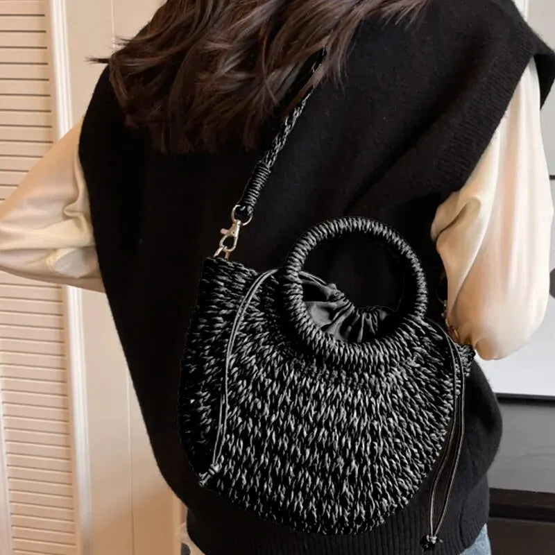 Handwoven Straw Rattan Half-Moon Beach Handbag Large Capacity Women Summer Hollow Out Crossbody Shoulder Bag