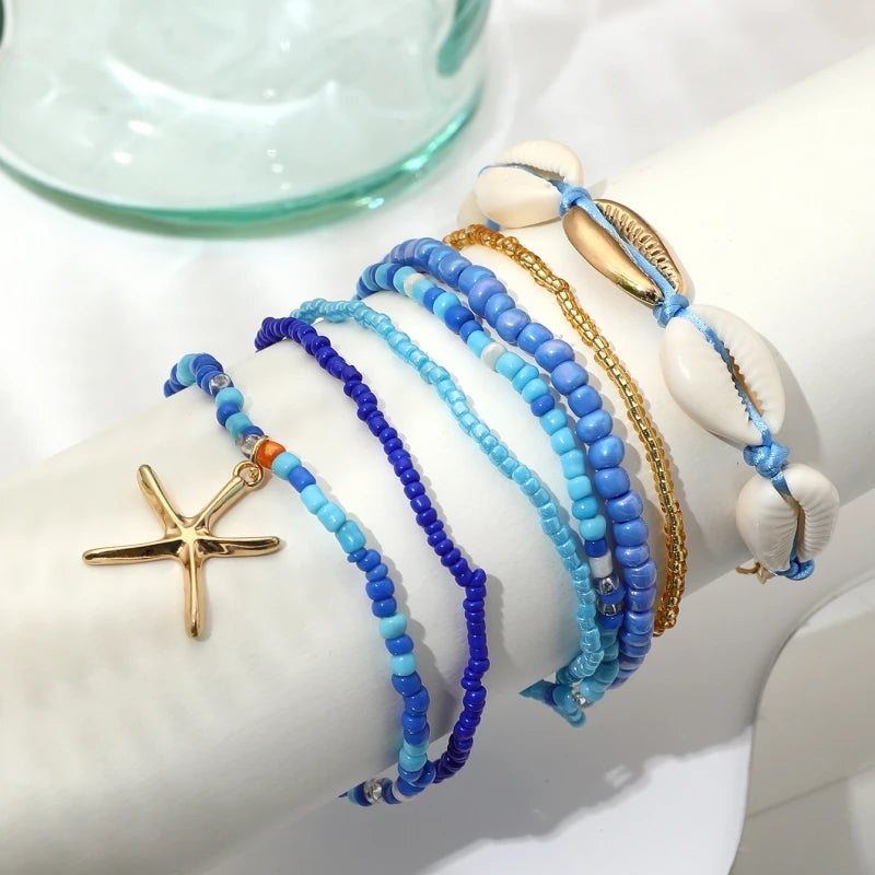 Bohemian Rice Beads Starfish Pendant Bracelet Set Fashion Summer Beach Sea Shell Multilayer Bracelets Jewelry Accessories