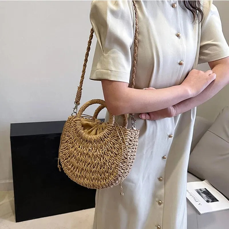 Handwoven Straw Rattan Half-Moon Beach Handbag Large Capacity Women Summer Hollow Out Crossbody Shoulder Bag