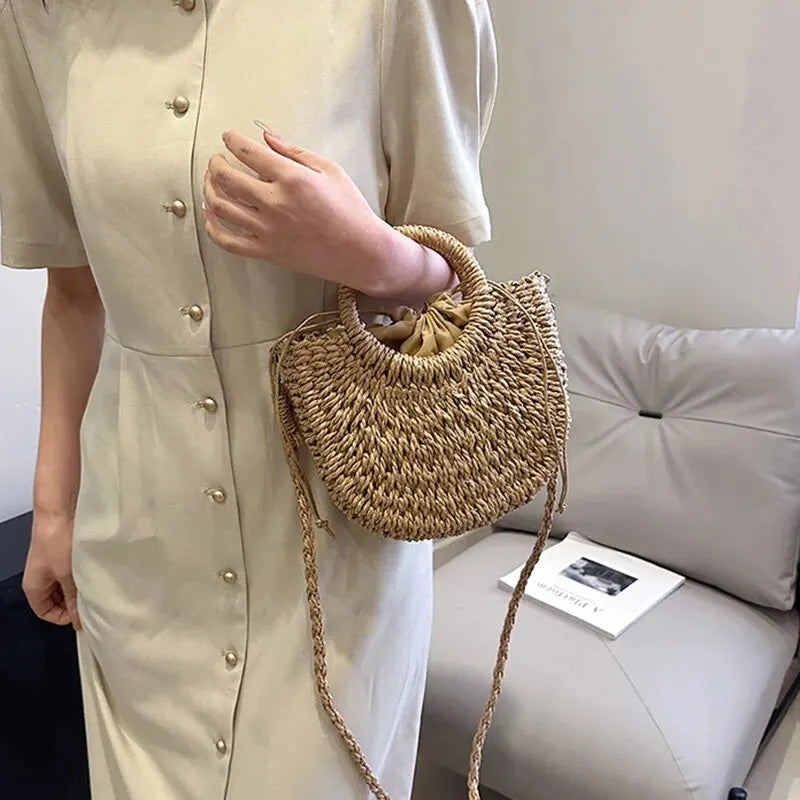 Handwoven Straw Rattan Half-Moon Beach Handbag Large Capacity Women Summer Hollow Out Crossbody Shoulder Bag