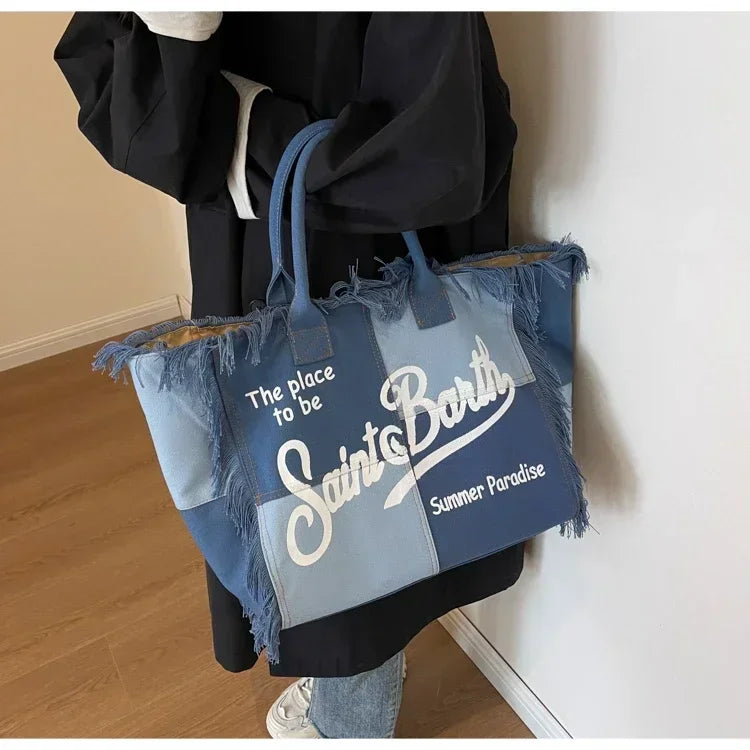 2024 Hot selling Canvas Solid Color Women's Bag Large Capacity Fashion Shoulder Bag Letter Tassel Spliced High Quality Handbag