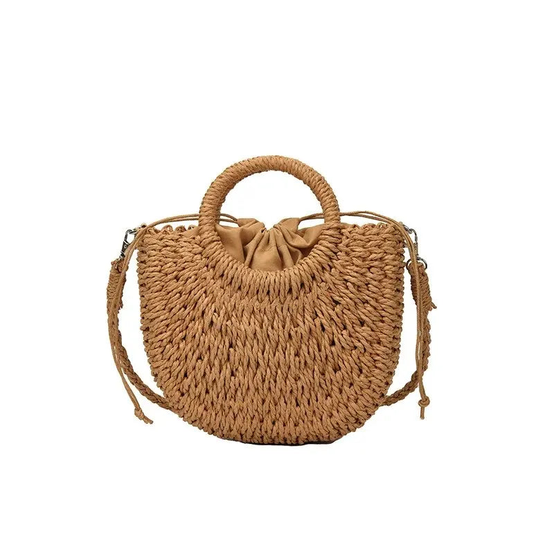 Handwoven Straw Rattan Half-Moon Beach Handbag Large Capacity Women Summer Hollow Out Crossbody Shoulder Bag