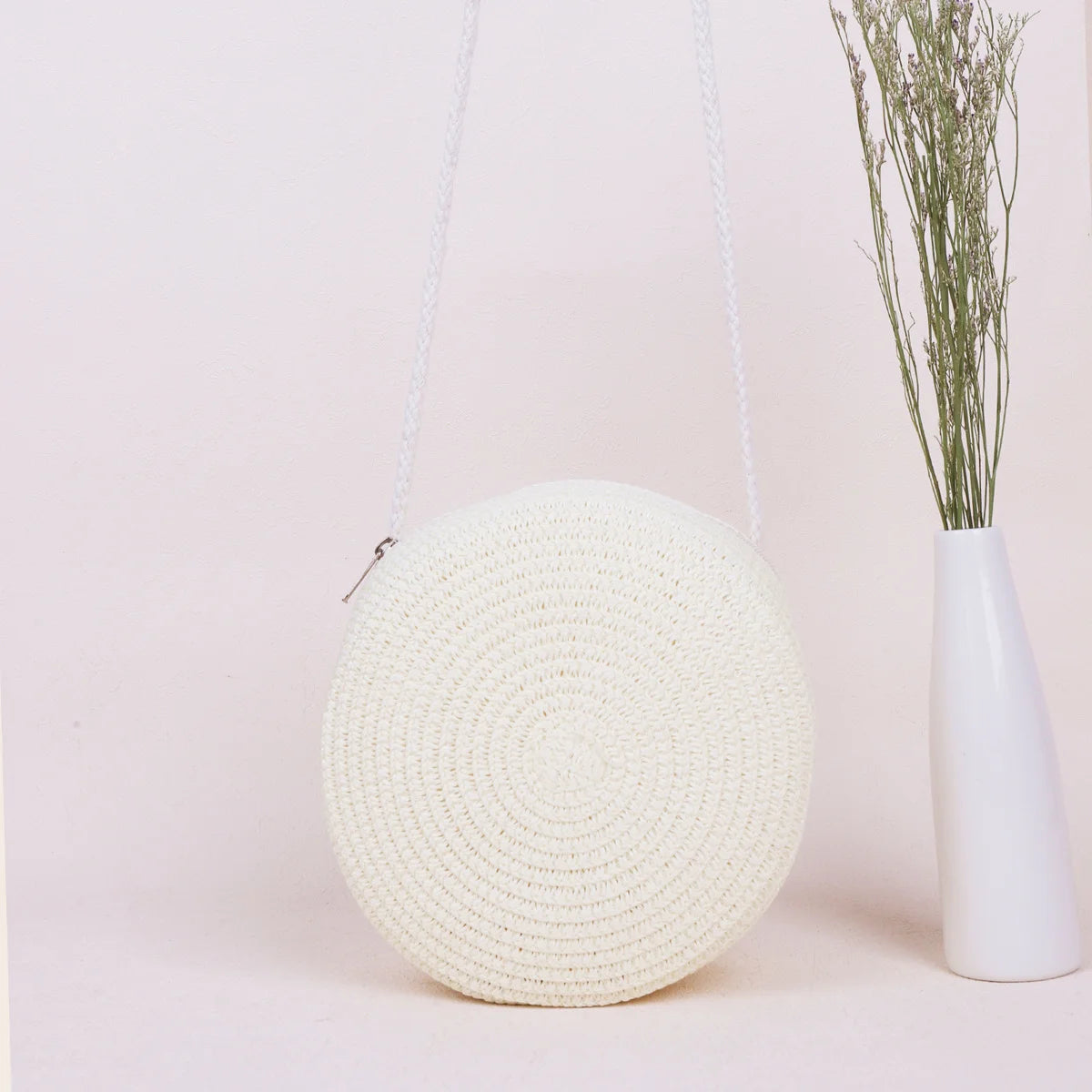 Minimalist Straw Bag Round Crossbody Purse Women Shoulder Vocation Style Handbag